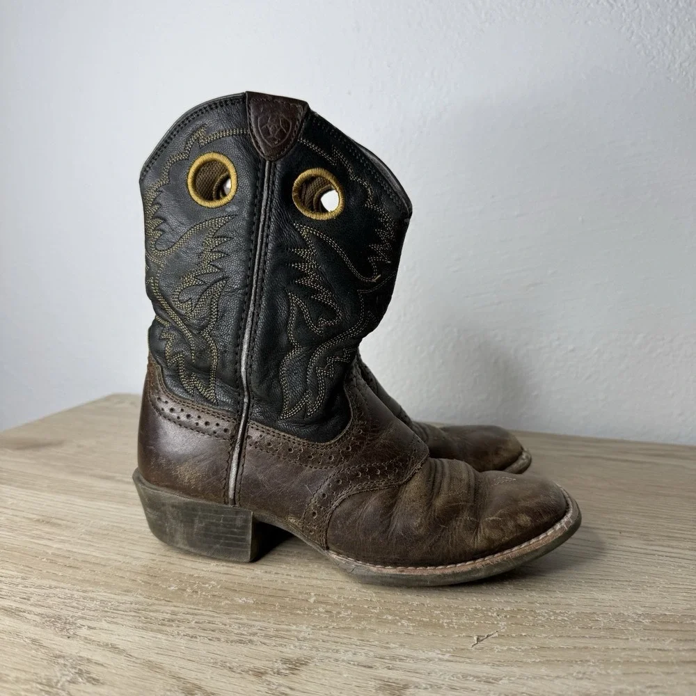 Ariat Heritage Roughstock Brown & Black Leather Western Cowboy Boots Kids Size 1